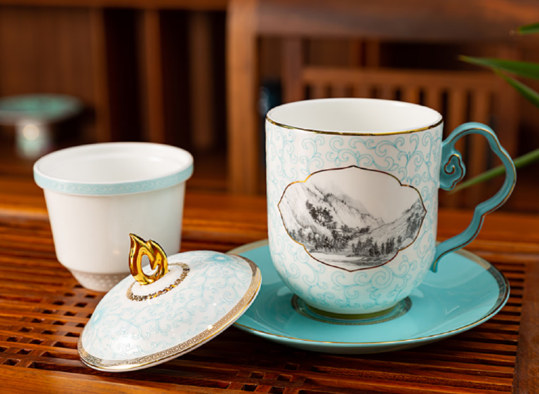 Silk Road Auspicious Clouds Bone China Tea Cup with Lid