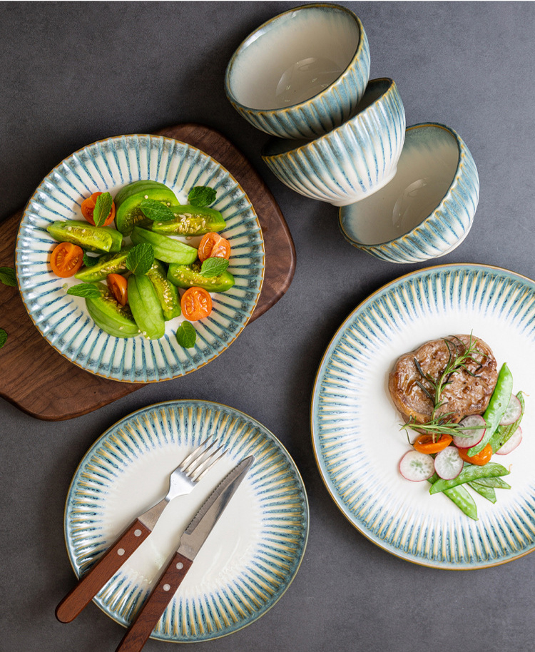 European Style Creative Household Blue Embossed Bowl and Plate Set Cutlery Set