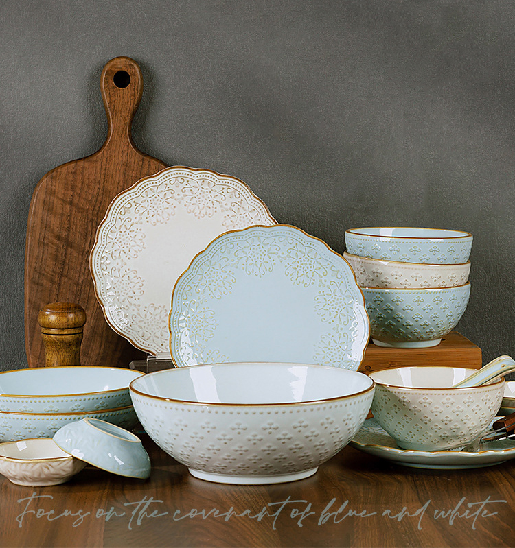 Chinese Creative Embossed Lace Household Ceramic Bowl and Plate Tableware Wholesale